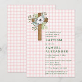 008 Blush Rustic Greenery Wooden Cross Baptism 招待状 (正面/裏面)