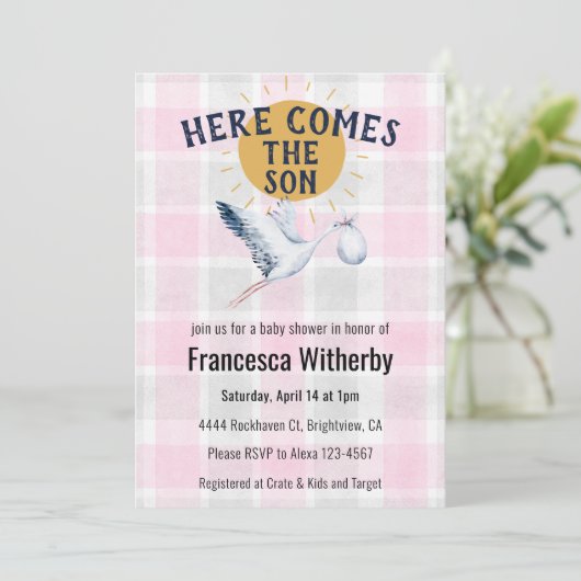 009 Fuchsia 020 Fog Sun Plaid Stork Baby Shower 招待状 (スタンド正面)