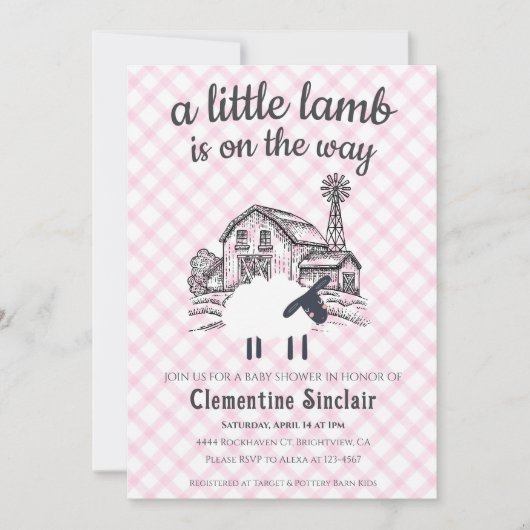 009 Fuchsia A Little Lamb Farm Gingham Baby Shower 招待状 (正面)