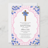 009 Fuchsia Blossom Rustic Cross Design Baptism 招待状 (正面)
