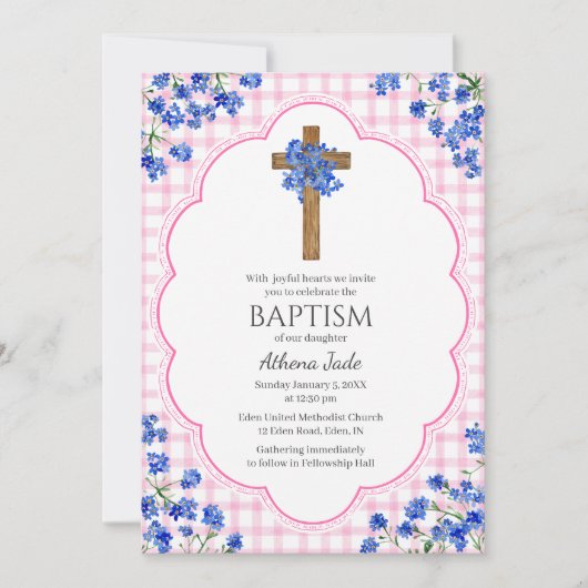 009 Fuchsia Blossom Rustic Cross Design Baptism 招待状 (正面)