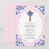 009 Fuchsia Blossom Rustic Cross Design Baptism 招待状 (正面/裏面)