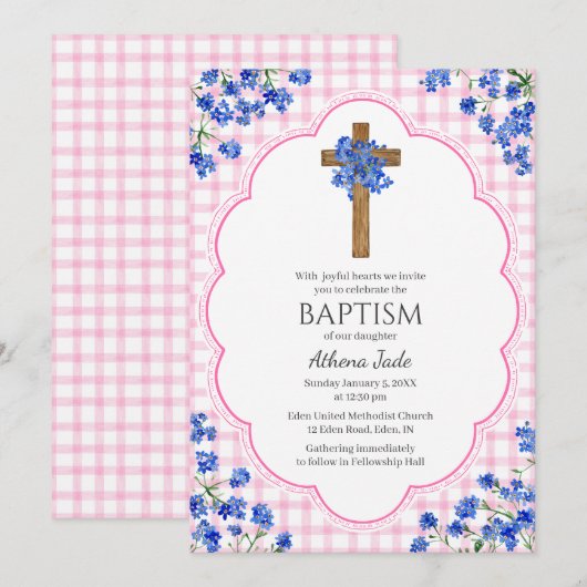 009 Fuchsia Blossom Rustic Cross Design Baptism 招待状 (正面/裏面)