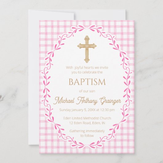 009 Fuchsia Botanical Vine Ornate Cross Baptism 招待状 (正面)