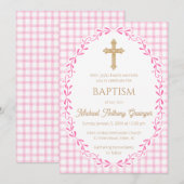 009 Fuchsia Botanical Vine Ornate Cross Baptism 招待状 (正面/裏面)
