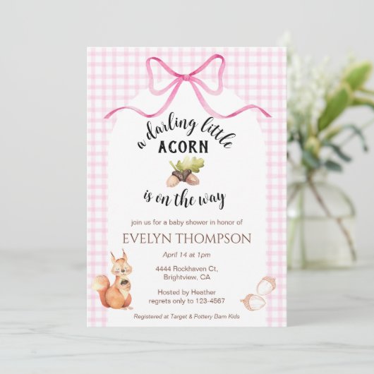 009 Fuchsia Squirrel Acorn Gingham Baby Shower 招待状 (スタンド正面)