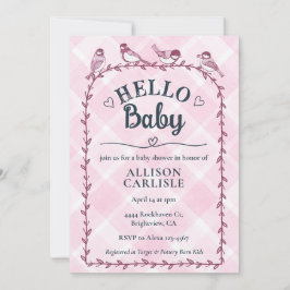 009 Fuchsia Watercolor Gingham Birds Baby Shower 招待状