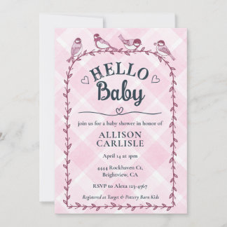 009 Fuchsia Watercolor Gingham Birds Baby Shower 招待状