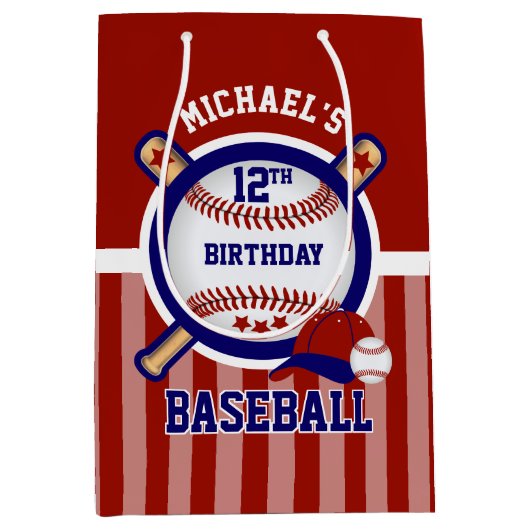 00thバースデーパーティー – 野球 – 濃い赤 ミディアムペーパーバッグ (正面)