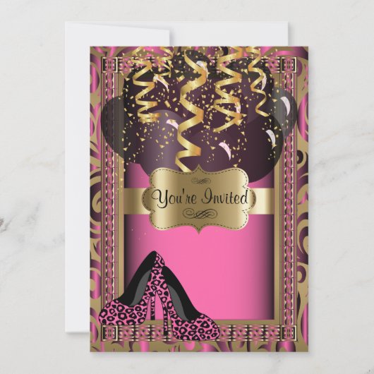00th誕生会|のピンクのハイヒールのヒョウ 招待状 (正面)