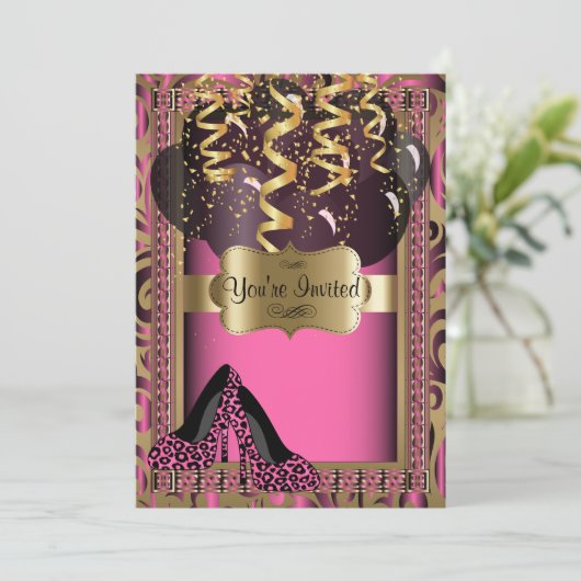 00th誕生会|のピンクのハイヒールのヒョウ 招待状 (スタンド正面)