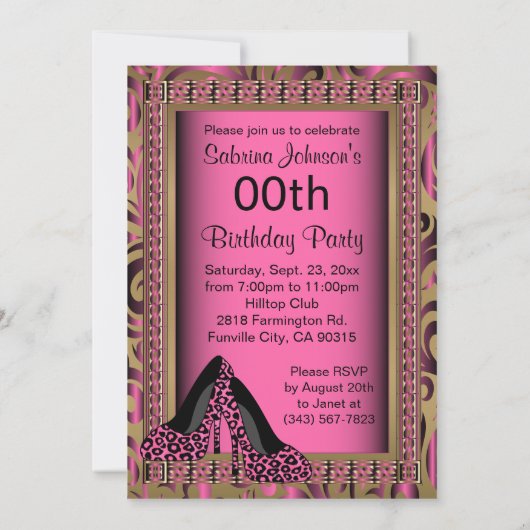 00th誕生会|のピンクのハイヒールのヒョウ 招待状 (裏面)