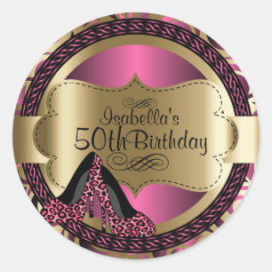 00th誕生日 のピンクのヒョウのハイヒール ラウンドシール