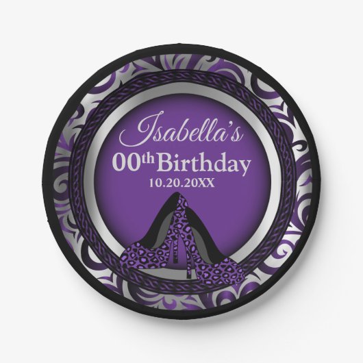00th誕生日|の紫色のヒョウのハイヒール ペーパープレート (正面)