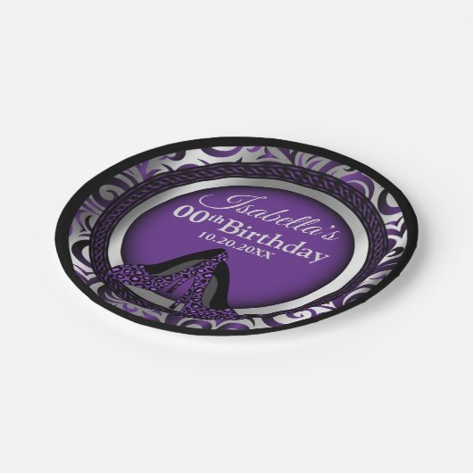 00th誕生日|の紫色のヒョウのハイヒール ペーパープレート (アングル)