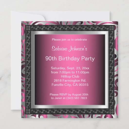 00th驚きの誕生日|のピンクの金属及び銀製 招待状 (裏面)