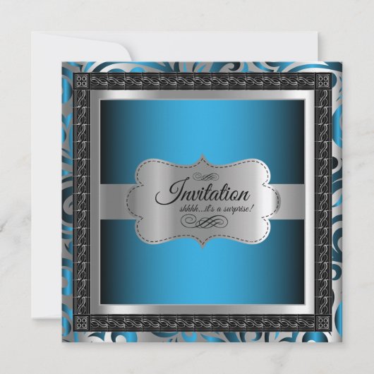 00th驚きの誕生日|の青い金属及び銀製 招待状 (正面)
