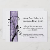 01黒フローラ渦巻き紫ストライプの結婚ポスト 招待状 (正面/裏面)