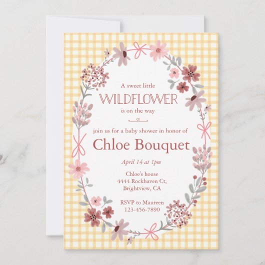 010 Amber Boho Wildflower Bow Gingham Baby Shower 招待状 (正面)
