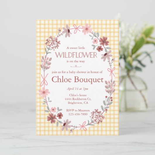 010 Amber Boho Wildflower Bow Gingham Baby Shower 招待状 (スタンド正面)