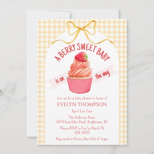 010 Amber Plaid Berry Sweet Strawberry Baby Shower 招待状 (正面)