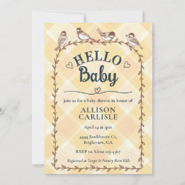 010 Amber Watercolor Gingham Birds Baby Shower 招待状