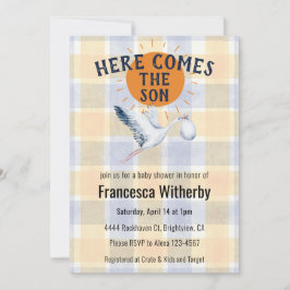 010 Amber Watercolor Plaid Stork Boho Baby Shower 招待状