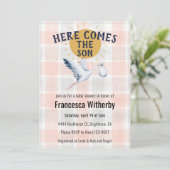 011 Terracotta 020 Fog Sun Plaid Stork Baby Shower 招待状 (スタンド正面)