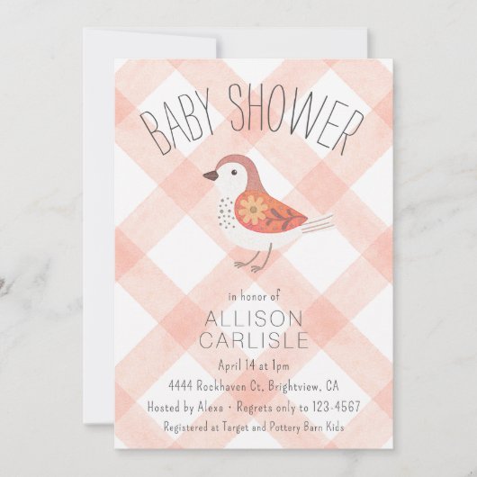 011 Terracotta Floral Bird Gingham Baby Shower 招待状 (正面)