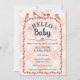 011 Terracotta Watercolor Gingham Bird Baby Shower 招待状