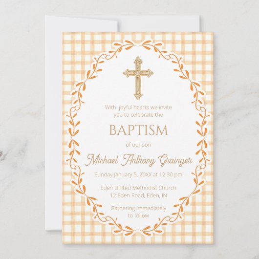 012 Copper Botanical Vine Ornate Cross Baptism 招待状 (正面)