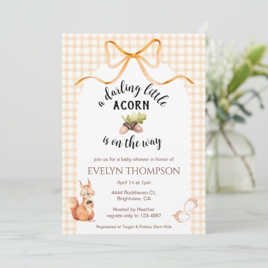 012 Copper Cute Squirrel Acorn Gingham Baby Shower 招待状 (スタンド正面)