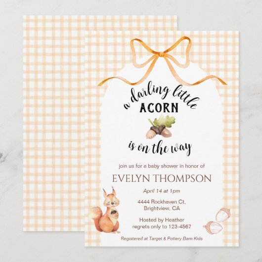 012 Copper Cute Squirrel Acorn Gingham Baby Shower 招待状 (正面/裏面)