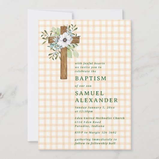 012 Copper Rustic Greenery Wooden Cross Baptism 招待状 (正面)