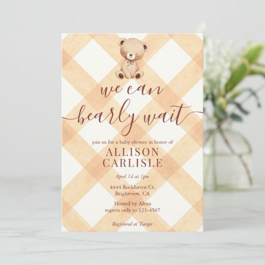 012 Copper Teddy Bear Gingham Baby Shower 招待状 (スタンド正面)
