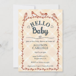 012 Copper Watercolor Gingham Birds Baby Shower 招待状