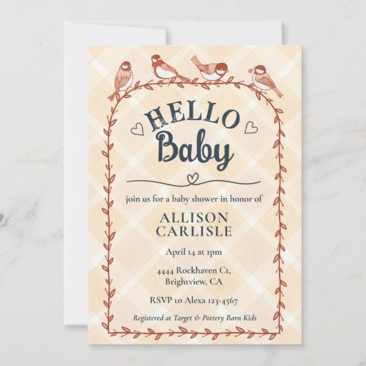 012 Copper Watercolor Gingham Birds Baby Shower 招待状 (正面)