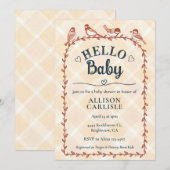 012 Copper Watercolor Gingham Birds Baby Shower 招待状 (正面/裏面)