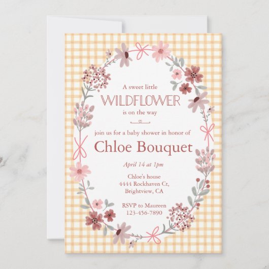 012 Copper Wildflower Bow Gingham Baby Shower 招待状 (正面)