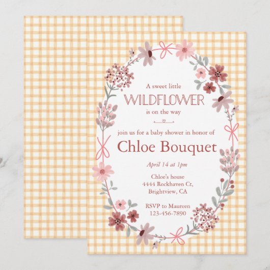 012 Copper Wildflower Bow Gingham Baby Shower 招待状 (正面/裏面)