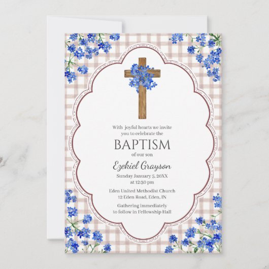 013 Chocolate Blossom Rustic Cross Design Baptism 招待状 (正面)