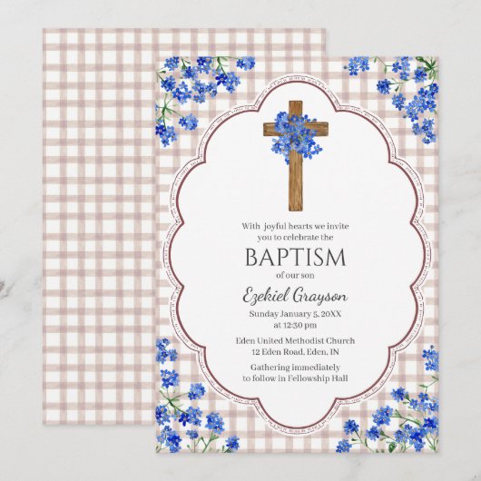 013 Chocolate Blossom Rustic Cross Design Baptism 招待状 (正面/裏面)