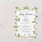 013 Chocolate Brown Floral Daisy Plaid Baby Shower 招待状 (正面/裏面)