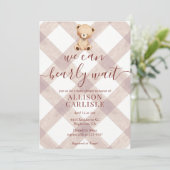 013 Chocolate Brown Teddy Bear Gingham Baby Shower 招待状 (スタンド正面)