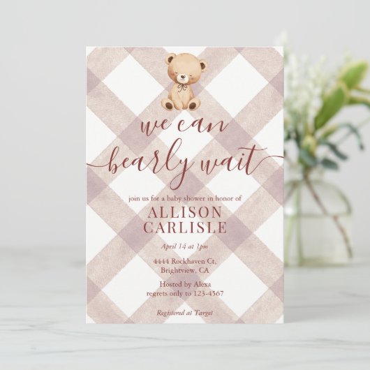 013 Chocolate Brown Teddy Bear Gingham Baby Shower 招待状 (スタンド正面)