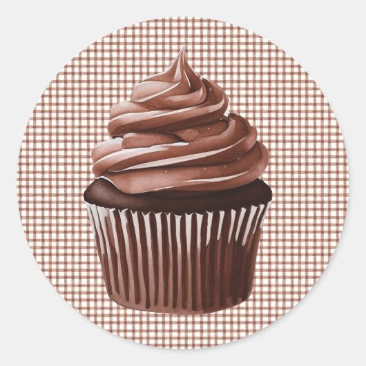 013 Chocolate Cupcake on Gingham Sticker ラウンドシール (正面)