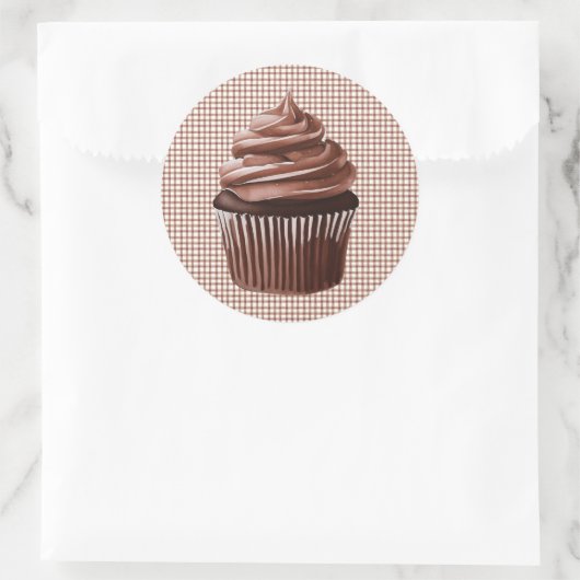 013 Chocolate Cupcake on Gingham Sticker ラウンドシール (バッグ)
