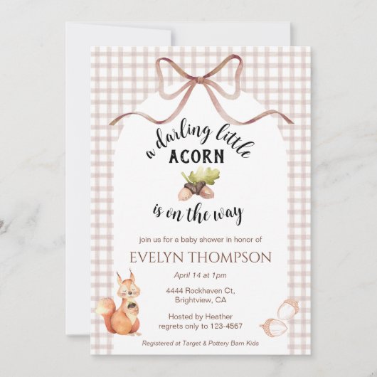 013 Chocolate Squirrel Acorn Gingham Baby Shower 招待状 (正面)