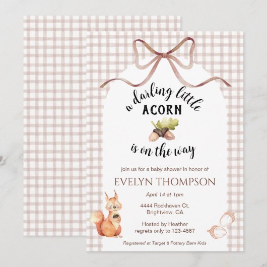 013 Chocolate Squirrel Acorn Gingham Baby Shower 招待状 (正面/裏面)
