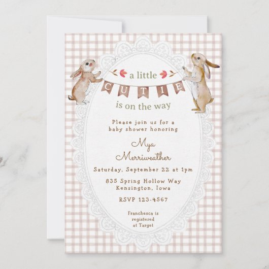 013 Chocolate Sweet Bunny Gingham Baby Shower 招待状 (正面)